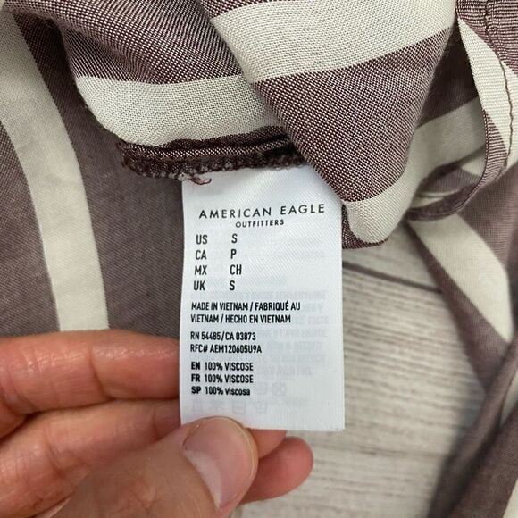 American Eagle women S hi low blouse button up tie front stripes & elastic cuffs - Picture 9 of 14